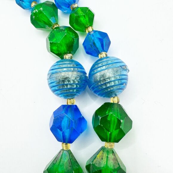 West Germany Vintage Blue Green Lucite Faceted Beaded Necklace 2 Strand MCM - Picture 11 of 16